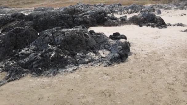 Una playa rocosa junto a la roca — Vídeo de stock