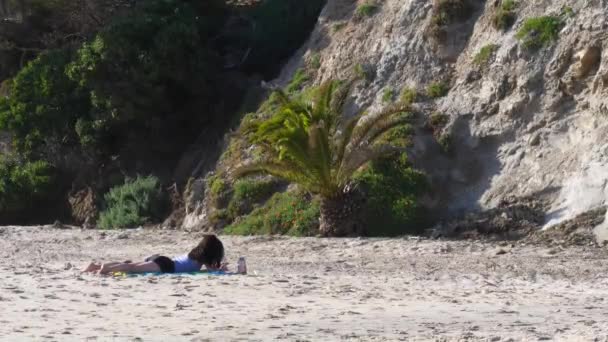 Kayalık bir sahilde bir grup insan. — Stok video