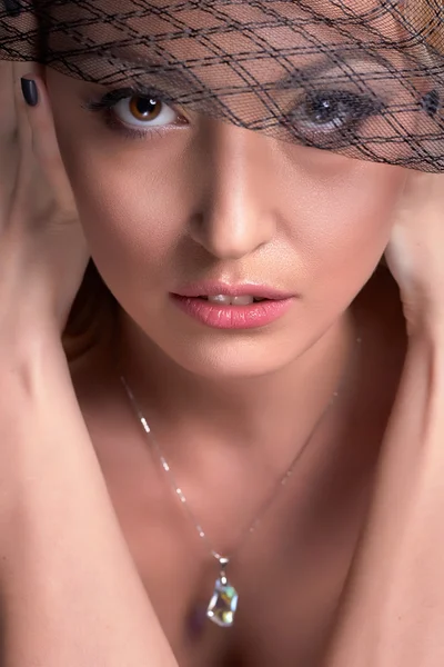 Blond sensual young woman closeup portrait, veil on face, — Stock Photo, Image