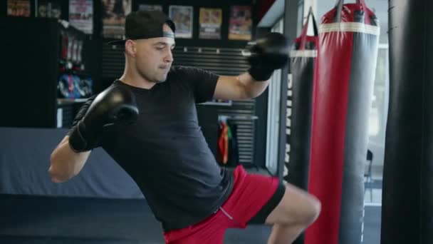 Caucasiano bonito homem vestindo luvas de boxe perfurando à frente em sandbag no ginásio ou clube de fitness. — Vídeo de Stock