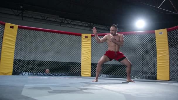 Muscular MMA fighter is practising in the octagon cage. Shadow boxing. — Stock Video