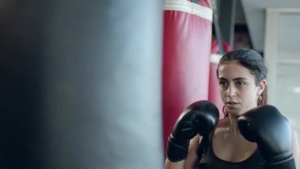 Boxeo, mujer luchadora entrena sus golpes, supera un saco de boxeo, día de entrenamiento en el gimnasio de boxeo, cuerpo de fuerza en forma, la chica golpea rápido. — Vídeos de Stock