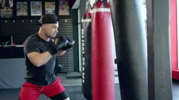 Caucasian handsome man wearing boxing gloves punching ahead on sandbag in gym or fitness club. — Stock Video