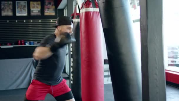 Caucasiano bonito homem vestindo luvas de boxe perfurando à frente em sandbag no ginásio ou clube de fitness. — Vídeo de Stock