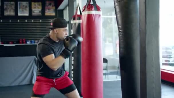 Caucasian handsome man wearing boxing gloves punching ahead on sandbag in gym or fitness club. — Video