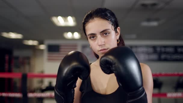 Portrét krásné mladé unavené a zpocené ženy boxer otáčení tváří v tvář fotoaparátu s vážným pohledem na tmavý prsten. — Stock video
