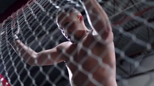 Muskulös MMA fighter står vid åttkantig bur och tittar ner trött. Fighter håller fast vid stängslet av buren. — Stockvideo