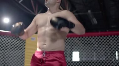 Muscular MMA fighter is inroducing himself inside the octagon and raising up his arms as a winner.