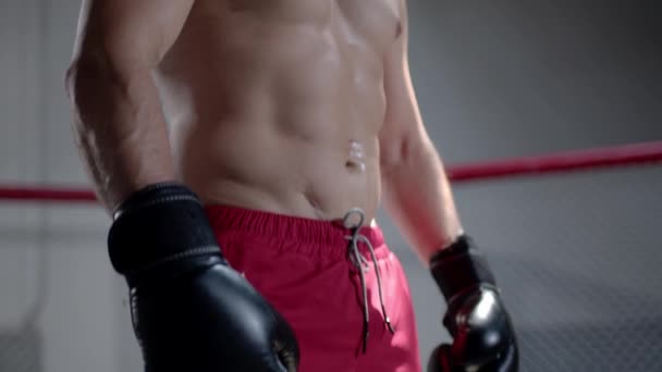 Портрет разгневанного мускулистого бойца ММА внутри восьмиугольника. Панорама от перчаток к лицу. — стоковое видео