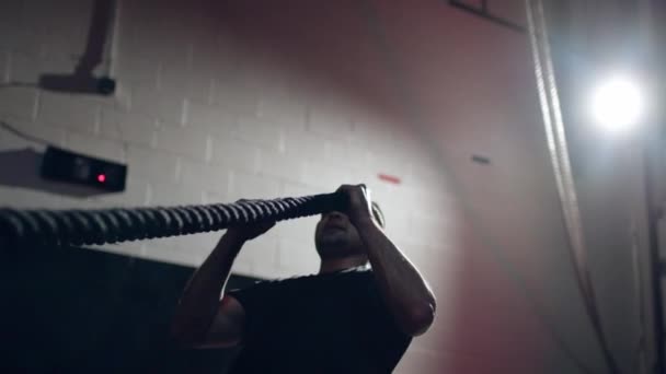 Hombre asertivo haciendo ejercicios con cuerda de batalla, entrenamiento despiadadamente efectivo. — Vídeos de Stock