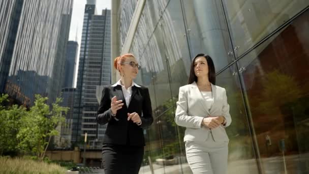 Deux femmes mignonnes élégantes en beaux costumes d'affaires se promènent dans la ville et se parlent. — Video