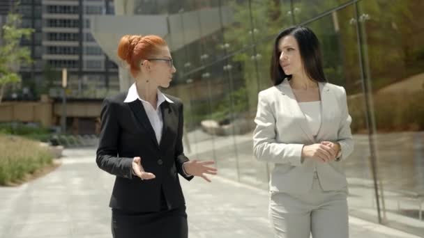 Twee stijlvolle, schattige vrouwen in mooie zakenpakken lopen door de stad en praten met elkaar.. — Stockvideo