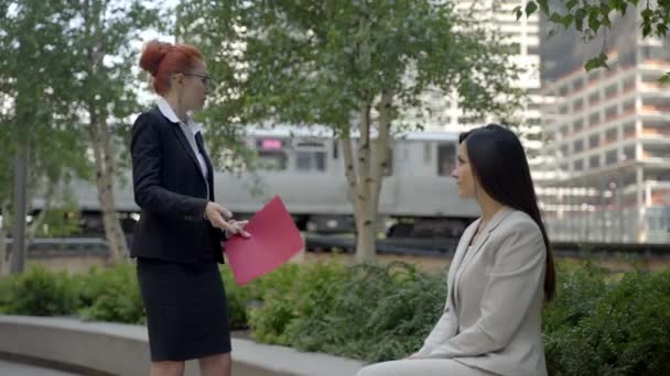 Las mujeres de negocios jefe está discutiendo con su empoyee en el parque de la ciudad y tirar la carpeta en la ira. — Vídeo de stock