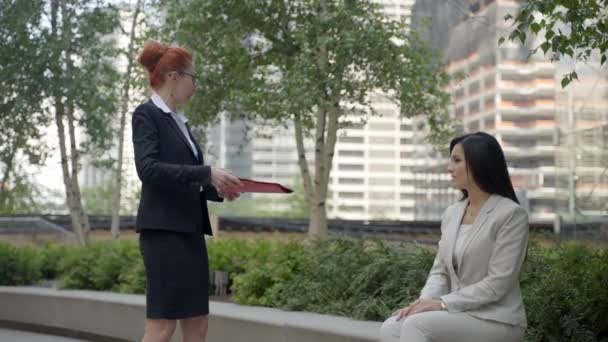 Affärskvinnors chef grälar med sin empoyee i stadsparken och kastar ut mappen i ilska. — Stockvideo