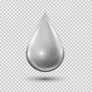 Şeffaf waterdrop ışık gri arka plan üzerinde. Su balonu kamaşma ve vurguları olan. Metal krom damlacık.