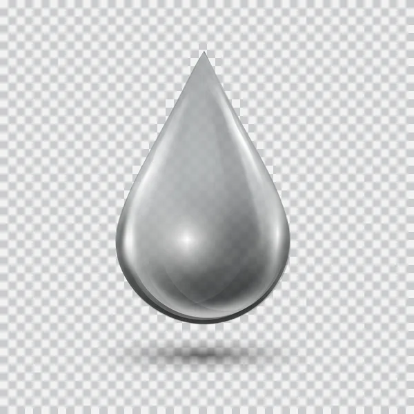 Transparent vattendroppe på ljus grå bakgrund. Vatten bubbla med bligar och markeringar. Metall krom droplet. — Stock vektor