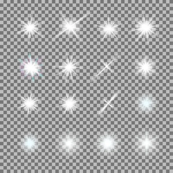 Vector set of glowing light bursts with sparkles on transparent background — Stock Vector