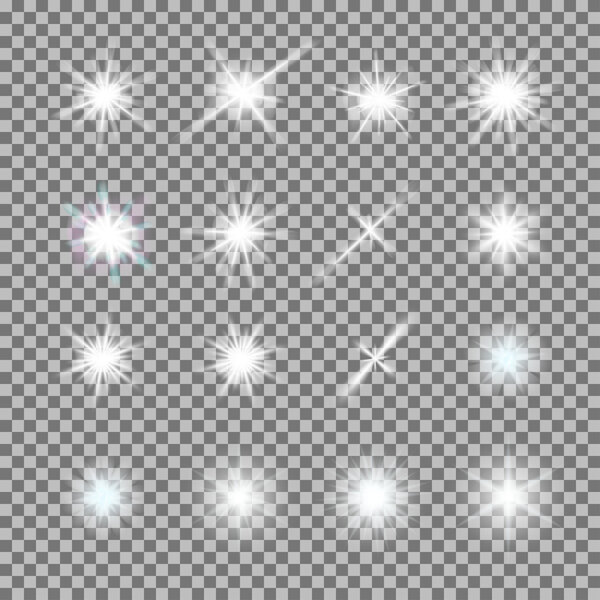 Vector set of glowing light bursts with sparkles on transparent background