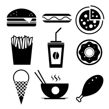 Fast food vektör Icon set. Hamburger, buz krem, kahve, Çin fo