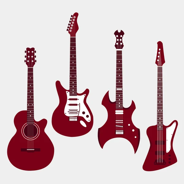 Набор различных гитар. Акостическая гитара, электрогитара, тяжелый — стоковый вектор