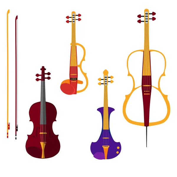 Set de diferentes violines y violonchelo con arcos sobre fondo blanco — Vector de stock