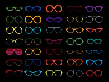Vector set of colored glasses. Retro, geek, hipster frames. clipart