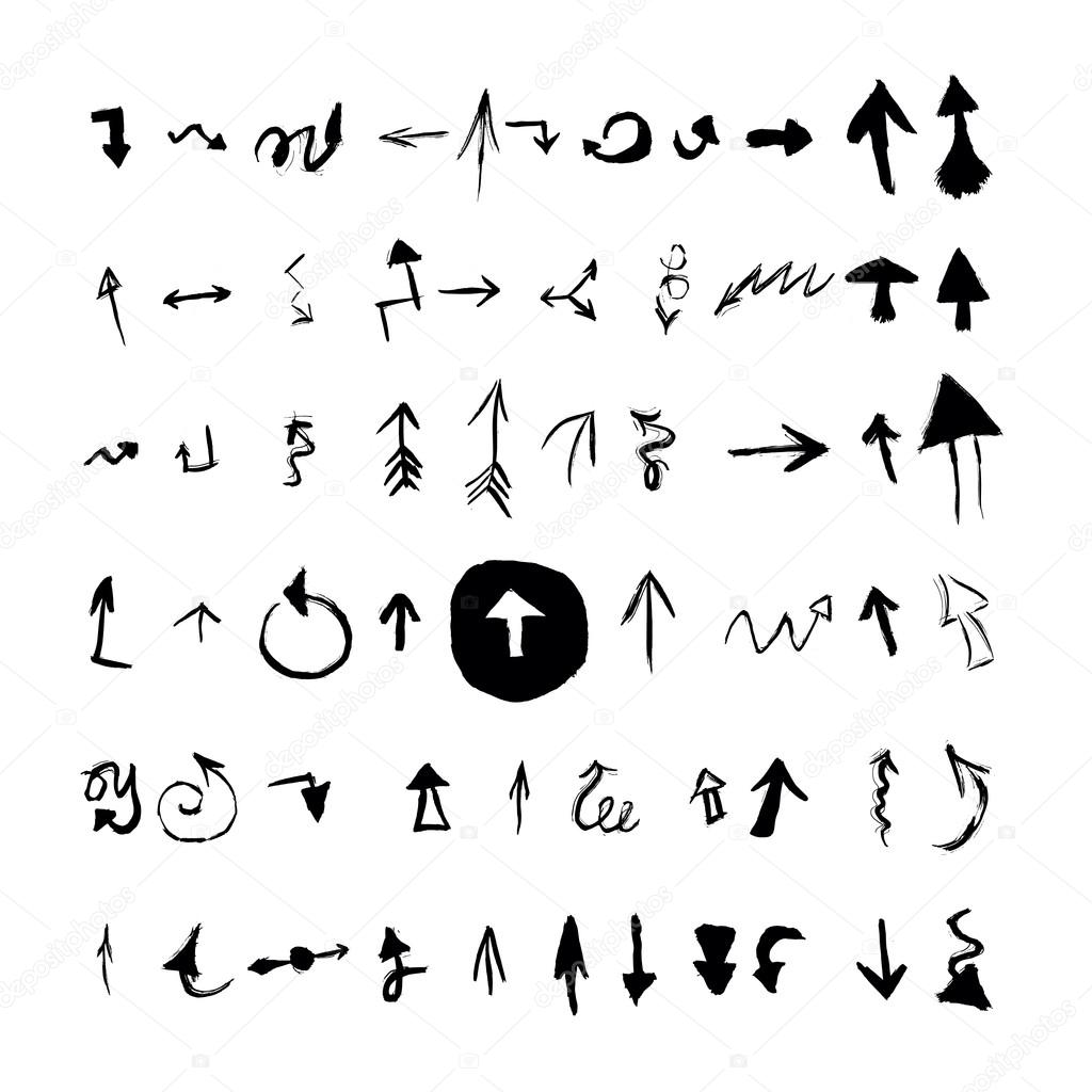 Arrows set. Vector hand drawn with ink in brush stroke style arrows elements for your design