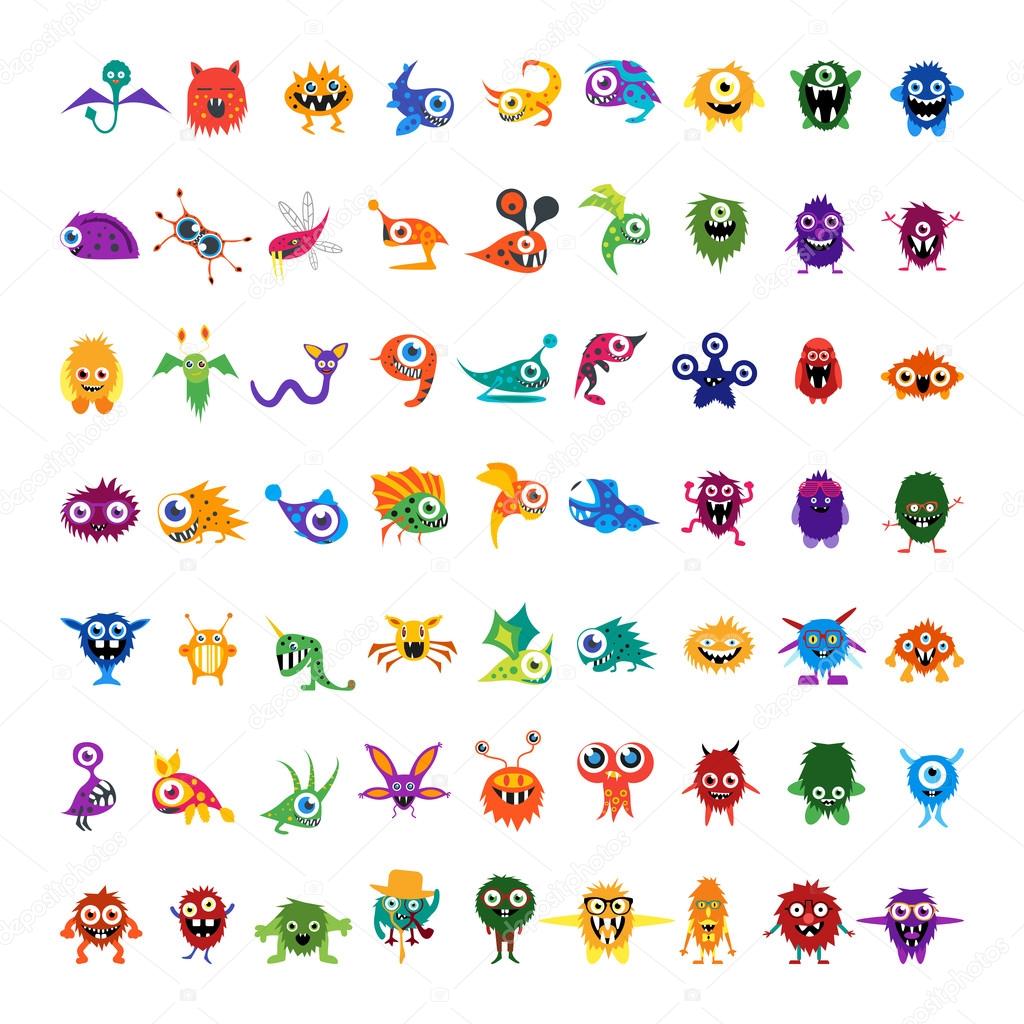 Big vector set of drawings custom characters isolated colorful monsters