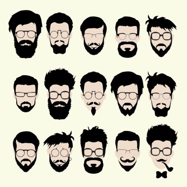 Vector set of hipster style haircut, glasses, beard, mustache clipart