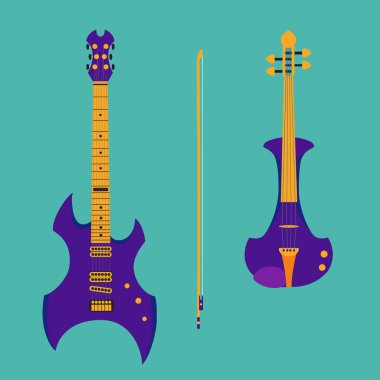 Set of string instruments. Purple electric violin with bow and h