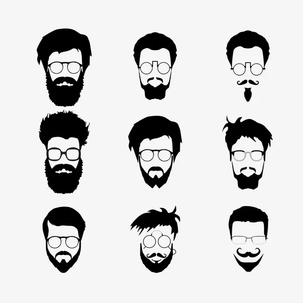 Conjunto vetorial de corte de cabelo estilo hipster, óculos, barba, bigode —  Vetores de Stock