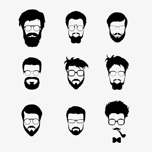 Conjunto vetorial de corte de cabelo estilo hipster, óculos, barba, bigode —  Vetores de Stock