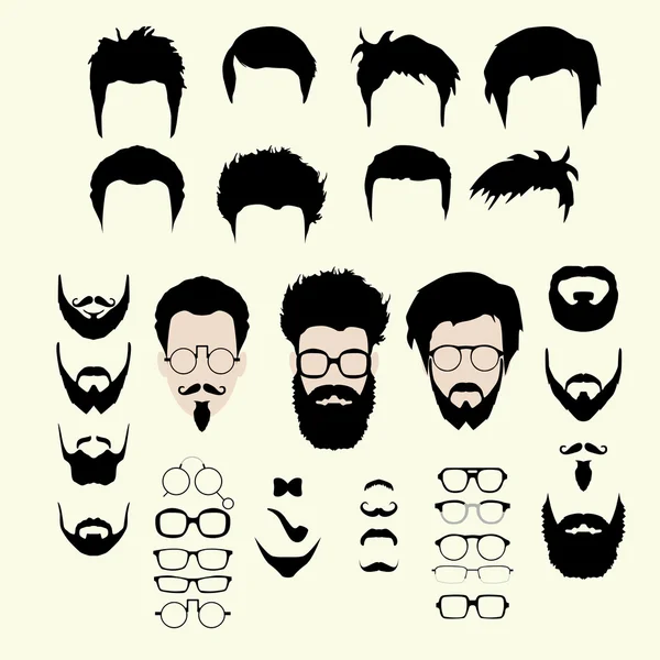 Conjunto vetorial de corte de cabelo estilo hipster, óculos, barba, bigode — Vetor de Stock