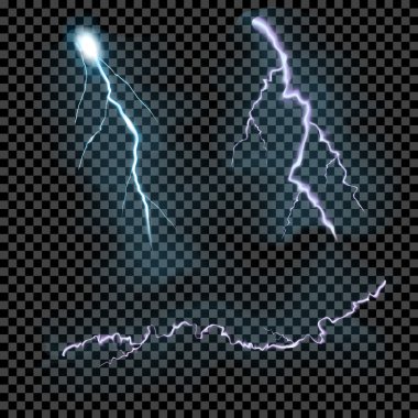 Vector set of isolated realistic transparent lightning bolts on black grey background clipart