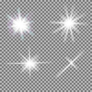 Vector set of glowing light bursts with sparkles on transparent background