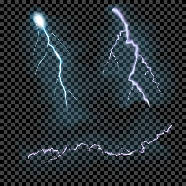 Vector set of isolated realistic transparent lightning bolts on black grey background — Stock Vector