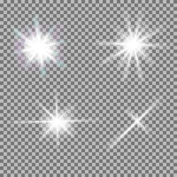 Vector set of glowing light bursts with sparkles on transparent background — Stock Vector