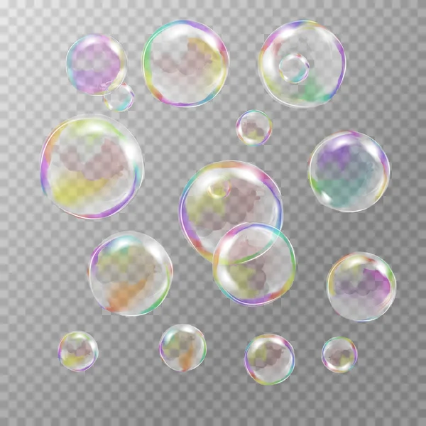 Set of multicolored transparent soap bubbles — Stock Vector