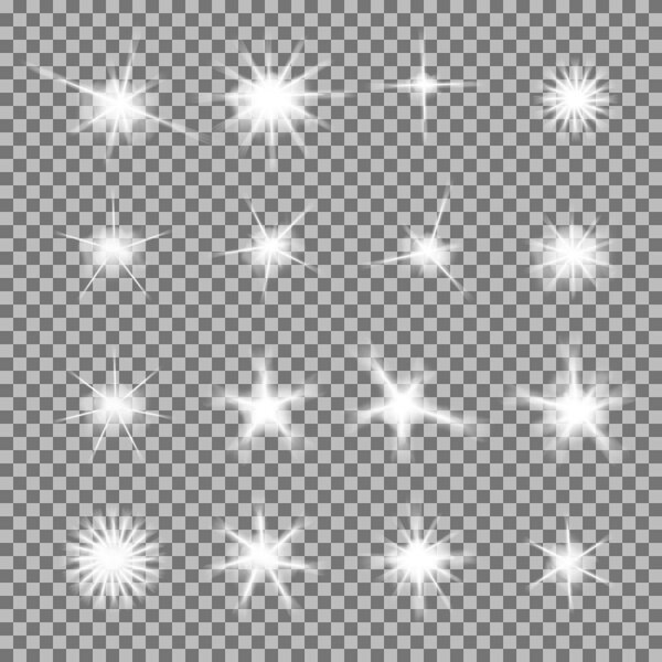 Векторный набор светящихся световых вспышек с блестками на прозрачном фоне
