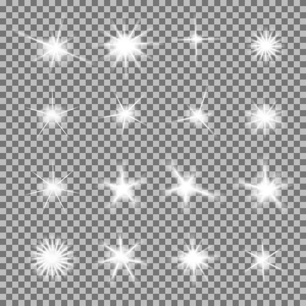 Vector set of glowing light bursts with sparkles on transparent background