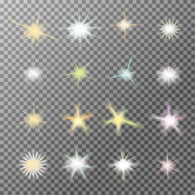 Parlayan ışık patlamaları sparkles şeffaf arka plan ile vektör kümesi