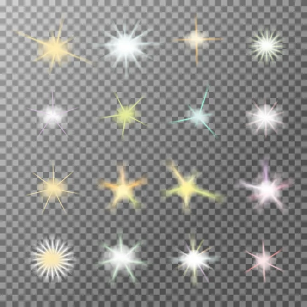 Conjunto vectorial de ráfagas de luz brillante con destellos sobre fondo transparente — Archivo Imágenes Vectoriales