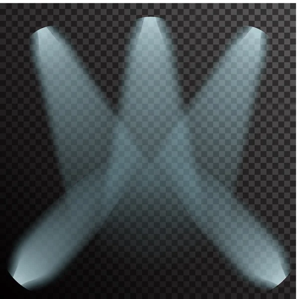 Realistic white neon glowing spotlights on transparent laid background — ストックベクタ