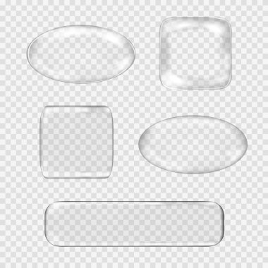 Vector set of transparent glass buttons. White sphere, square, rectangle with glares and highlights