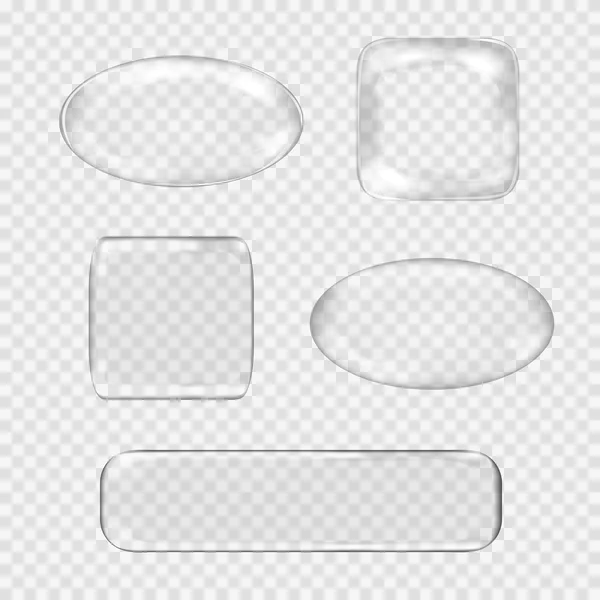 Conjunto vectorial de botones de vidrio transparente. Esfera blanca, cuadrada, rectángulo con reflejos y reflejos — Vector de stock