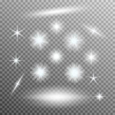Vector set of glowing light bursts with sparkles on transparent background clipart