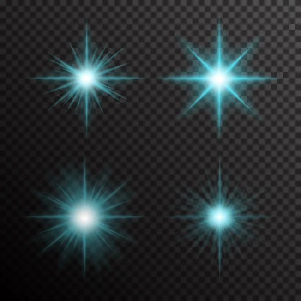 Conjunto vectorial de ráfagas de luz brillante con destellos sobre fondo transparente — Vector de stock