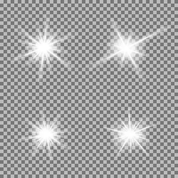 Conjunto vectorial de ráfagas de luz brillante con destellos sobre fondo transparente — Vector de stock