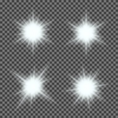 Vector set of glowing light bursts with sparkles on transparent background