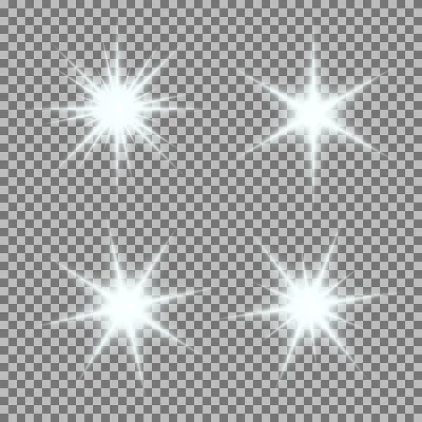 Conjunto vectorial de ráfagas de luz brillante con destellos sobre fondo transparente — Vector de stock